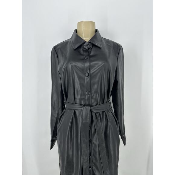 Evereve Medium Women Black Vegan Faux Leather Button Up Midi Dress Trench CLT - Picture 4 of 14